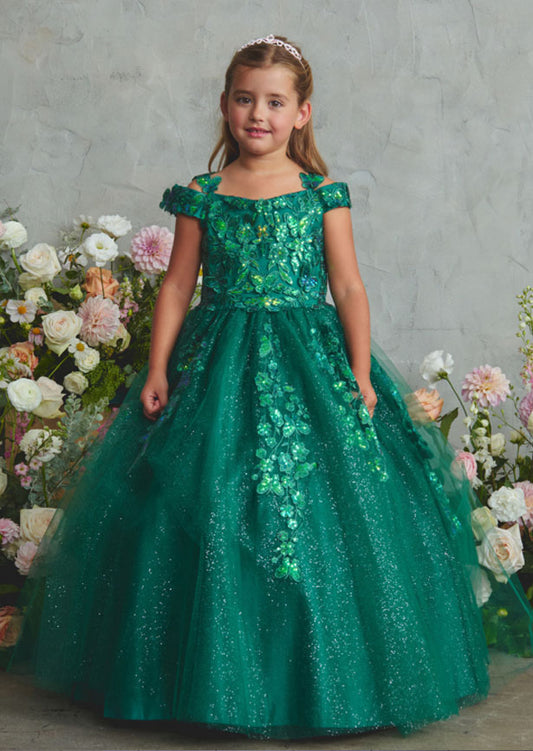 An elegant emerald gown featuring an off-shoulder neckline, floral appliqués, and three-dimensional butterflies adorning the bodice and skirt