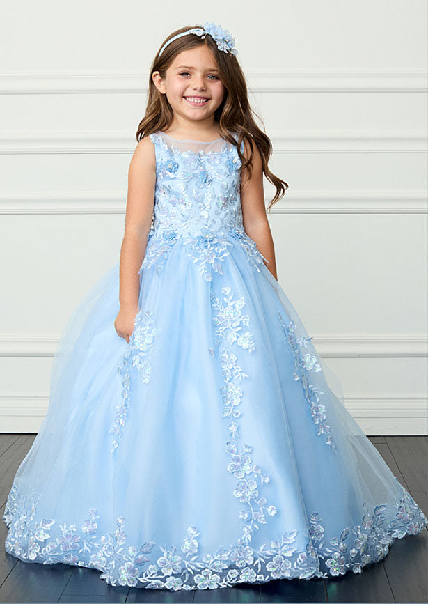 The Hope Gown in blue features an illusion neckline with iridescent lace, delicate floral lace detailing on the bodice, and a dramatic floor-length train