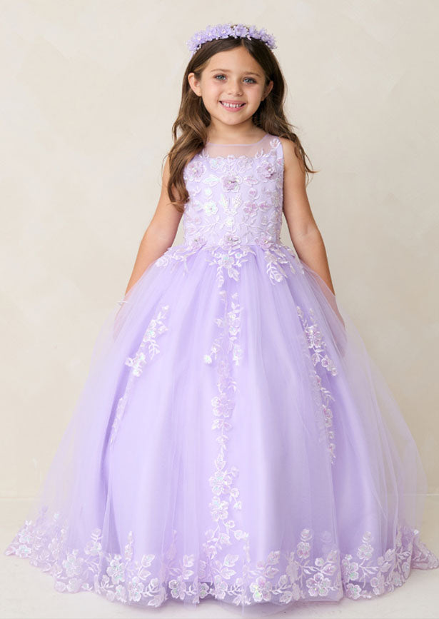 Elegant lavender gown featuring an enchanting illusion neckline adorned with iridescent lace appliqués that cascade down the bodice and waist. Intricate 3D floral lace detailing