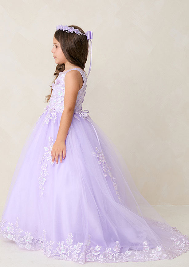 Elegant lavender gown featuring an enchanting illusion neckline adorned with iridescent lace appliqués that cascade down the bodice and waist. Intricate 3D floral lace detailing