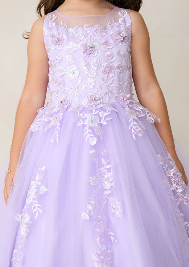 Elegant lavender gown featuring an enchanting illusion neckline adorned with iridescent lace appliqués that cascade down the bodice and waist. Intricate 3D floral lace detailing