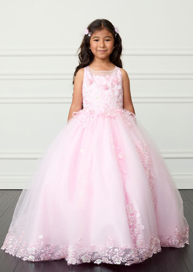 The Hope Gown in pink combines elegance with striking details. It features an illusion neckline with iridescent lace