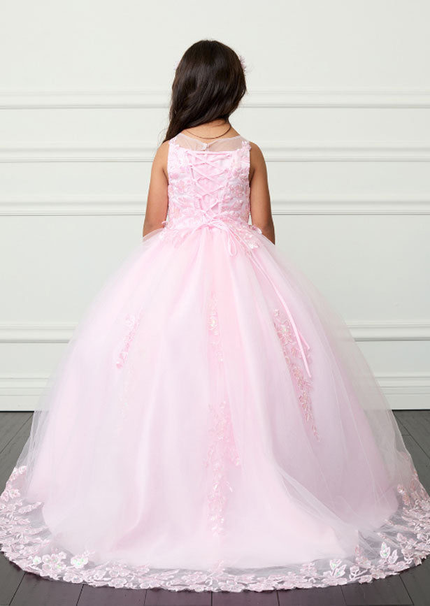 The Hope Gown in pink combines elegance with striking details. It features an illusion neckline with iridescent lace