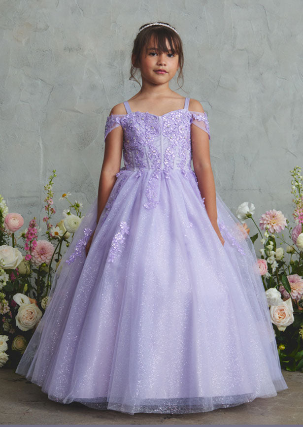 An elegant lavender gown featuring an off-shoulder design with a sweetheart neckline and corded lace bodice