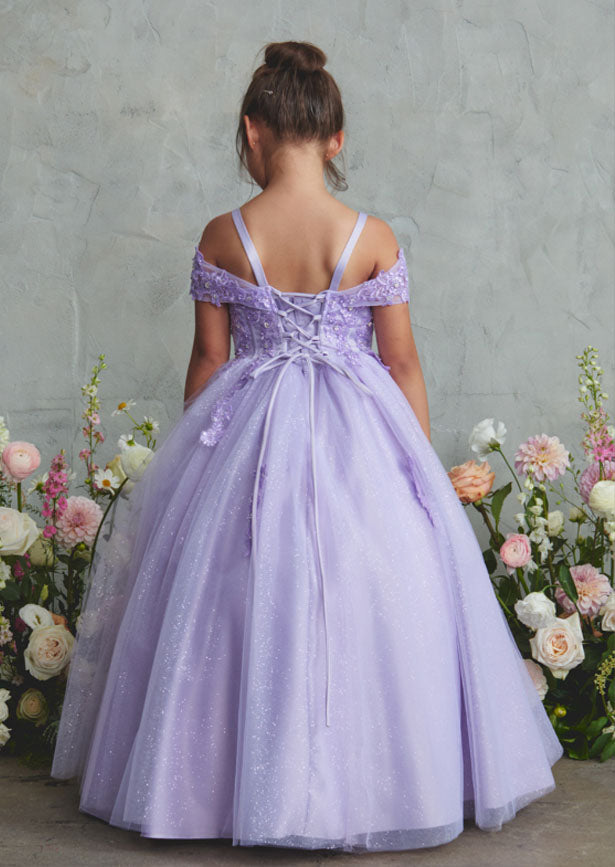 An elegant lavender gown featuring an off-shoulder design with a sweetheart neckline and corded lace bodice