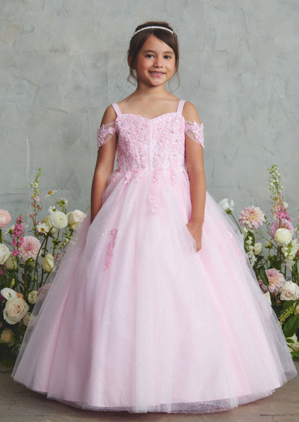 The Estelle Gown in pink showcases an elegant off-shoulder design featuring a sweetheart neckline and intricately corded lace bodice with structured faux boning for a refined silhouette