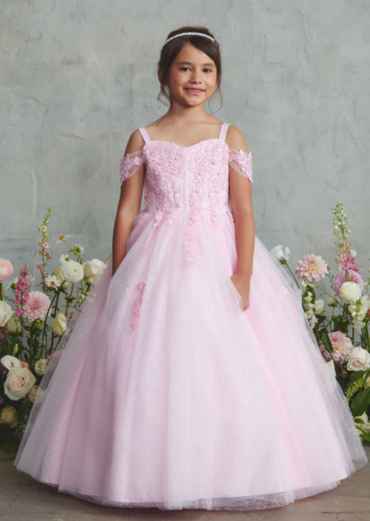 The Estelle Gown in pink showcases an elegant off-shoulder design featuring a sweetheart neckline and intricately corded lace bodice with structured faux boning for a refined silhouette