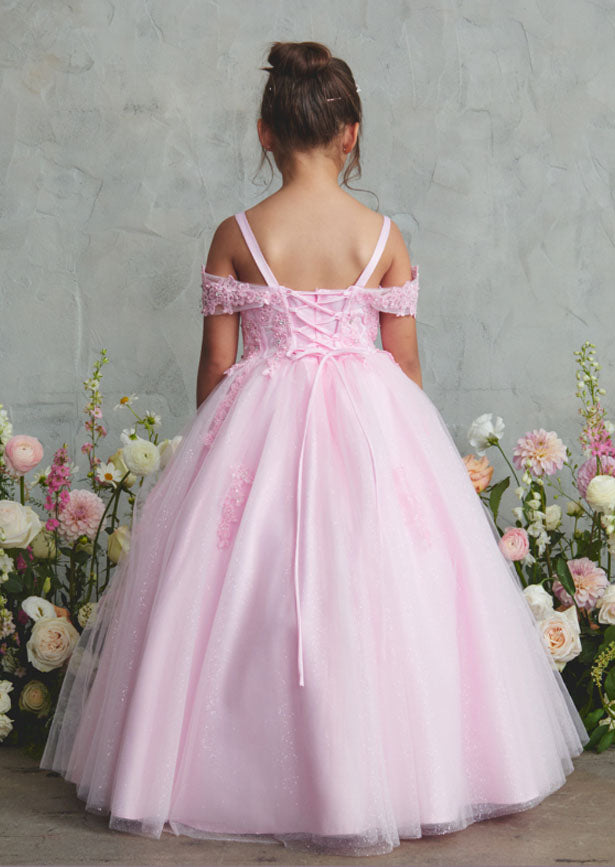 The Estelle Gown in pink showcases an elegant off-shoulder design featuring a sweetheart neckline and intricately corded lace bodice with structured faux boning for a refined silhouette