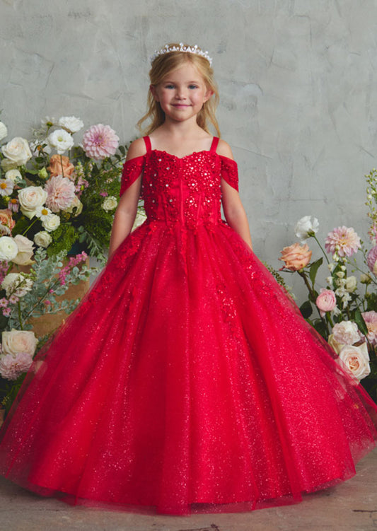 This fancy little girls red gown showcases an off-shoulder silhouette with a sweetheart neckline and intricate corded lace detailing across the bodice