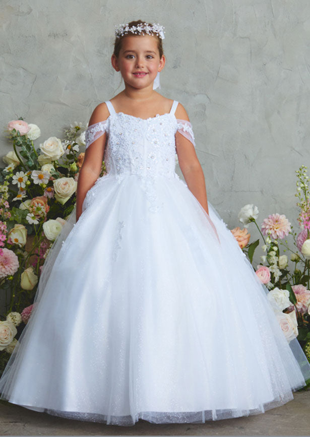 An elegant white gown featuring an off-shoulder design with a sweetheart neckline, ornate lace bodice, and voluminous glitter tulle skirt