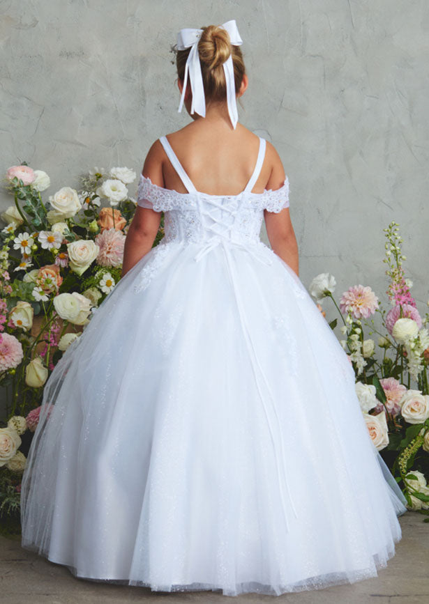 An elegant white gown featuring an off-shoulder design with a sweetheart neckline, ornate lace bodice, and voluminous glitter tulle skirt