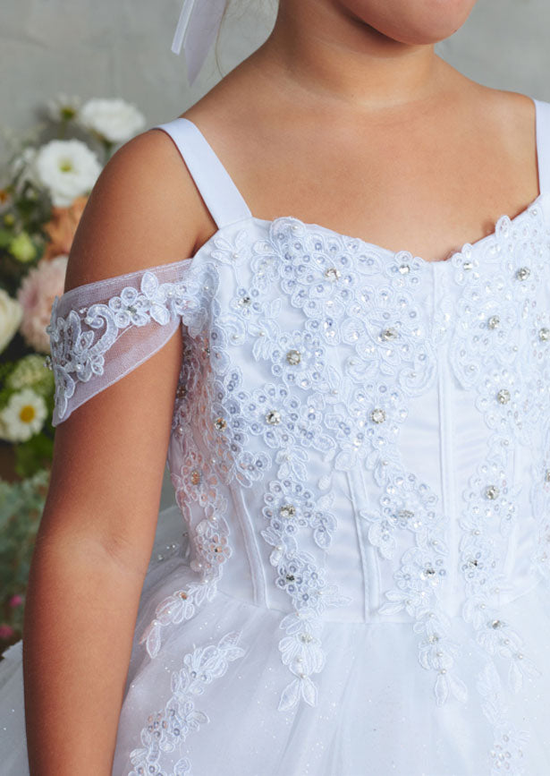 Girls white pageant gown with lace applique and corset back. 