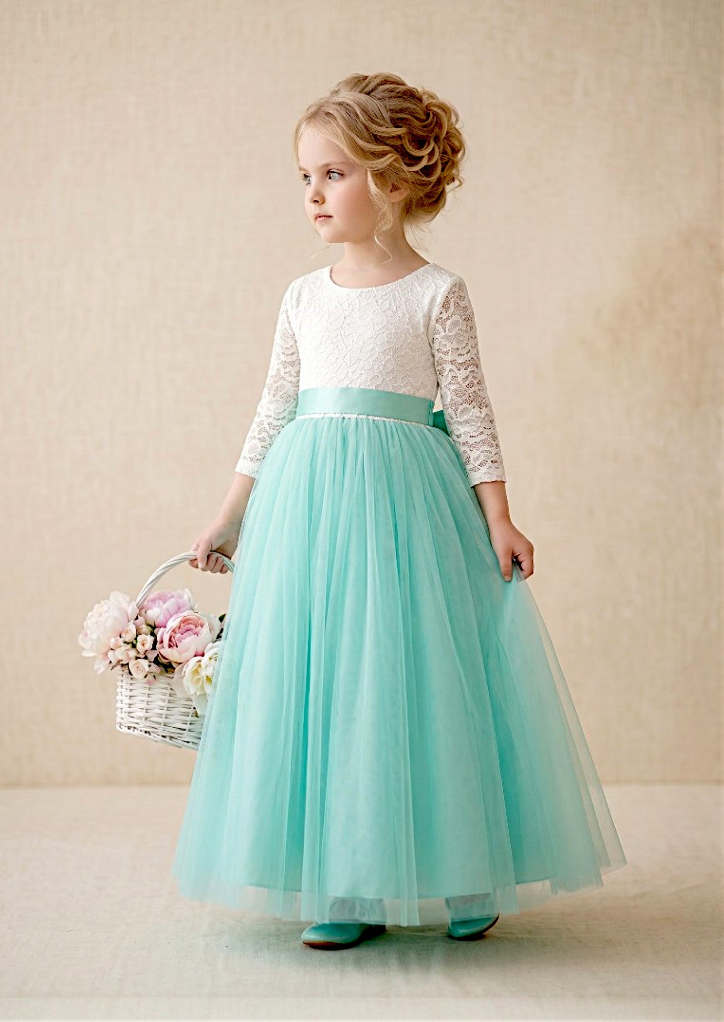 Aqua Tulle Flower Girl Gown with Sleeves