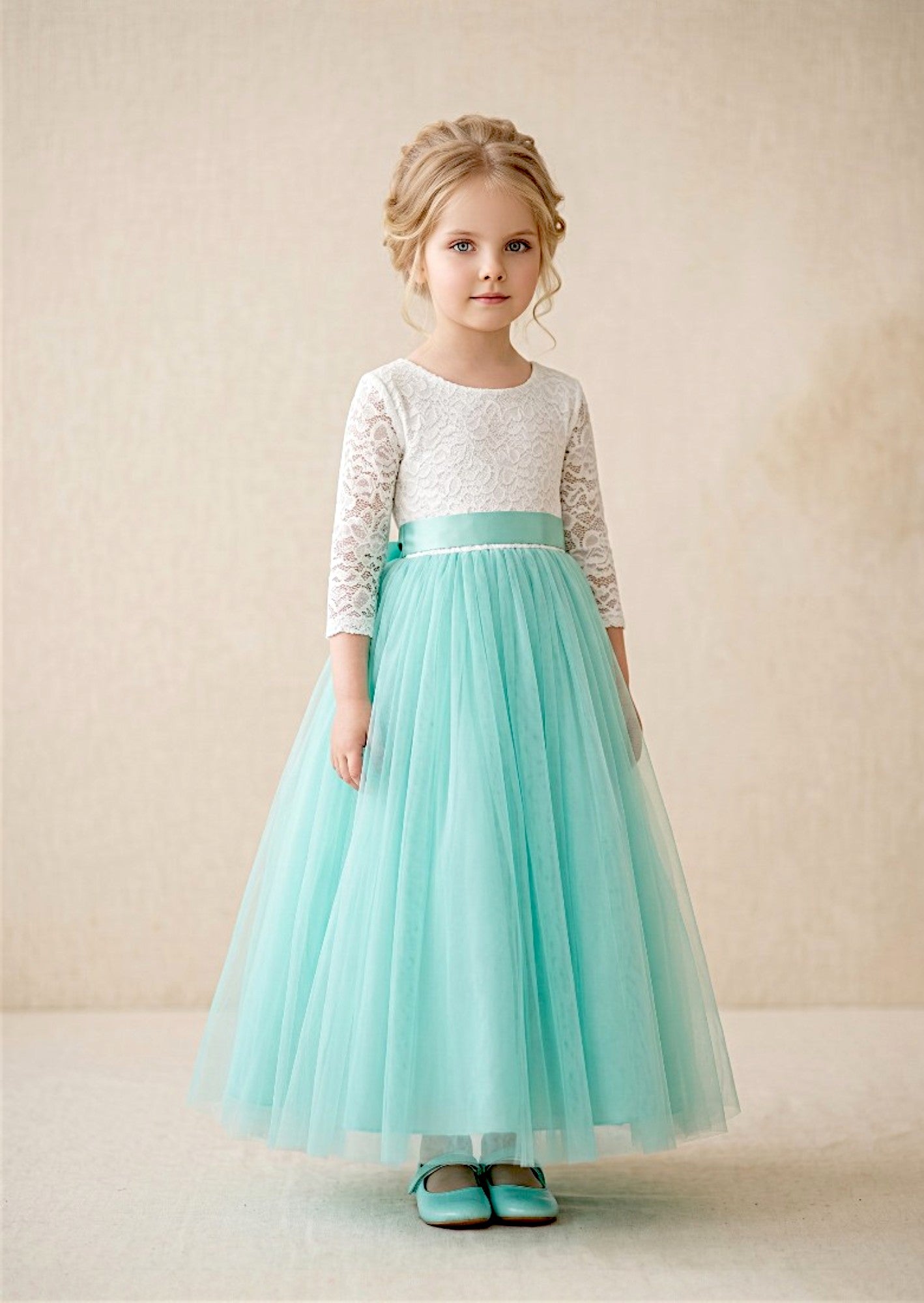 Aqua Tulle Flower Girl Gown with Sleeves