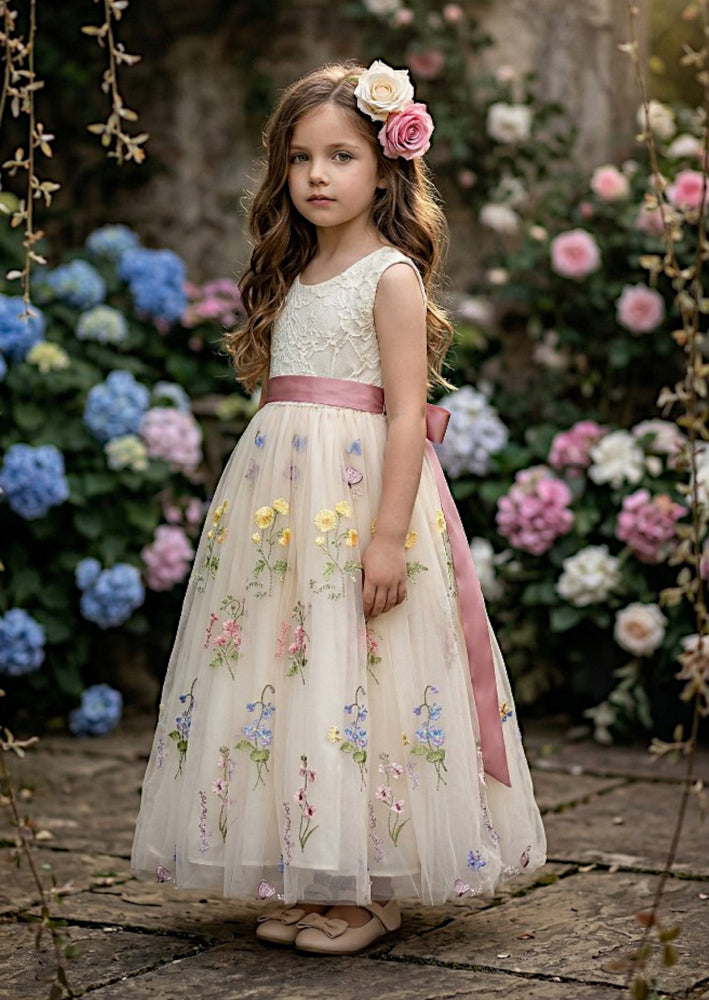 Fable Floral Flower Girl Dress - Ivory Sleeveless