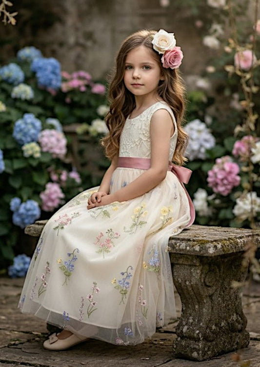 Fable Floral Flower Girl Dress - Ivory Sleeveless