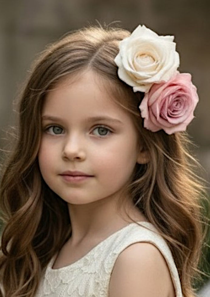 Girls Pink and Ivory Rose Flower Hair Clips - Flower Girl Hair Styles