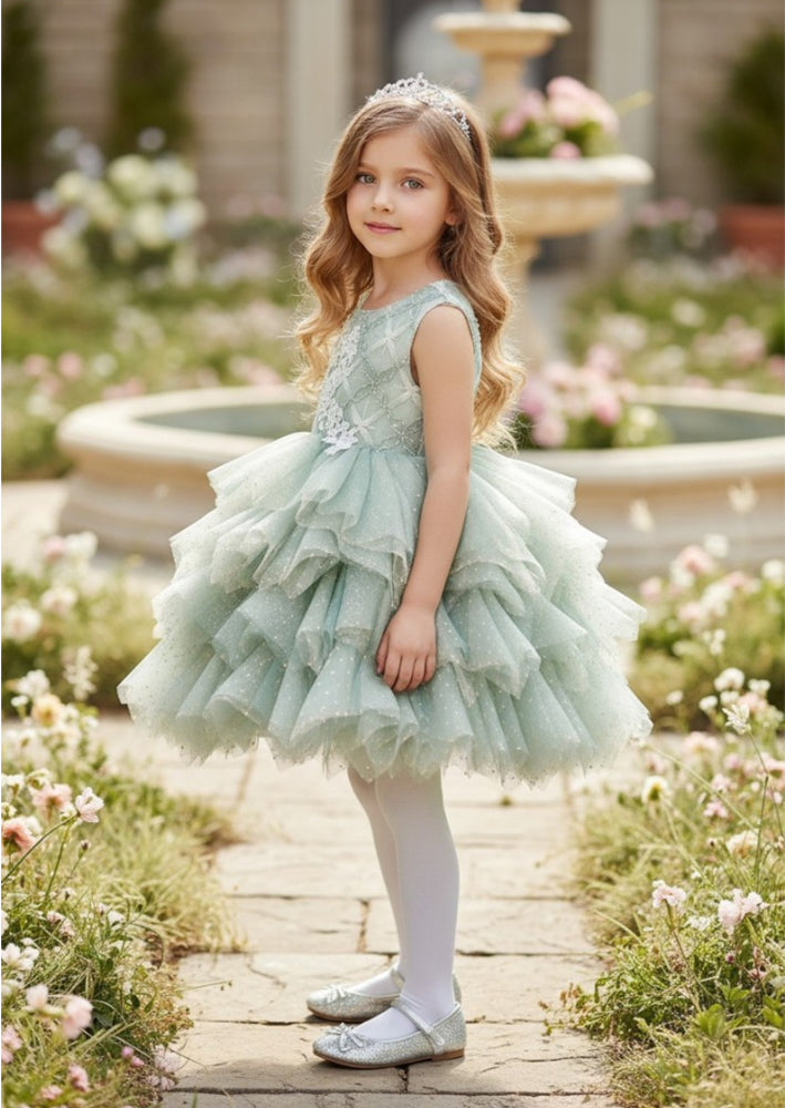 Girls Sage Party dress with Lace applique and layered tulle skirt