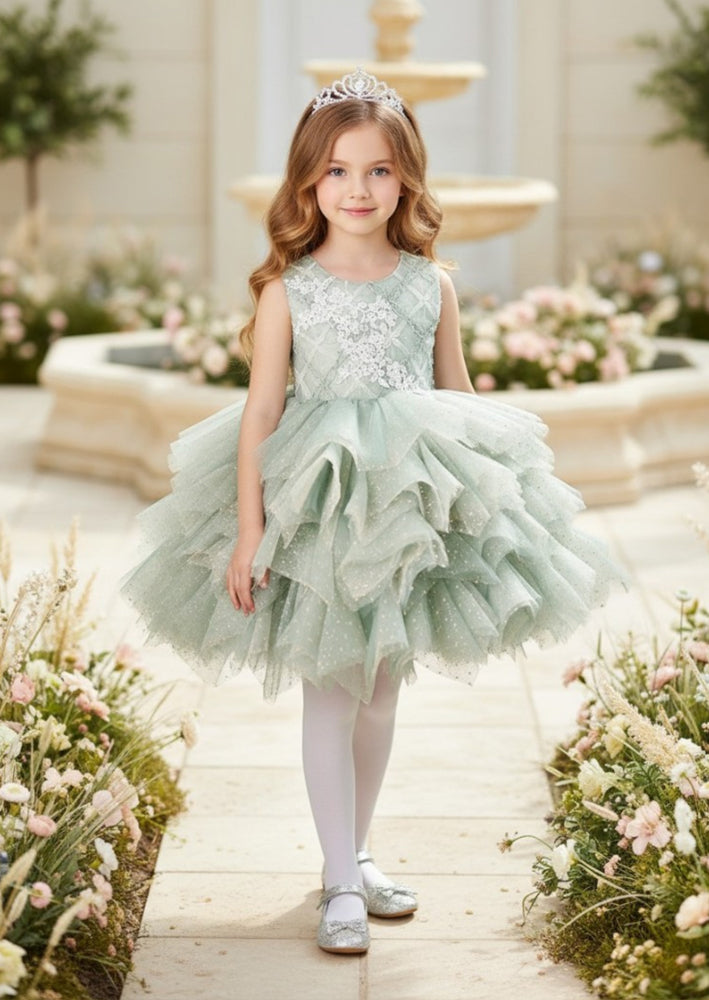 Girls Sage Party dress with Lace applique and layered tulle skirt