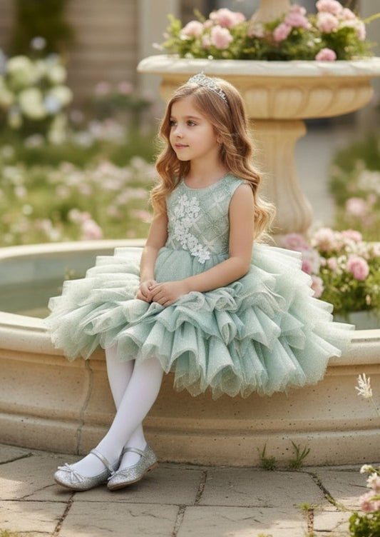 Girls Sage Party dress with Lace applique and layered tulle skirt