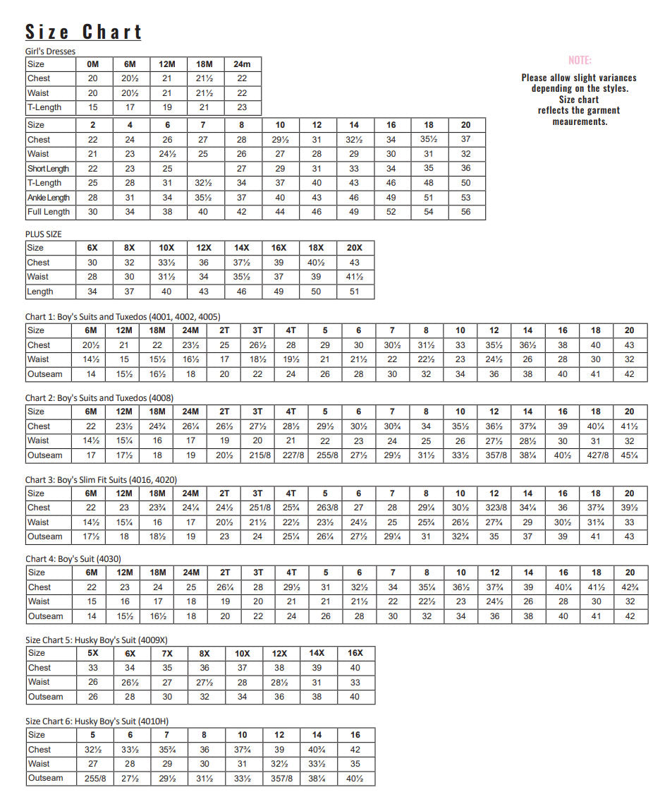 Girls Couture Dresses Size Chart