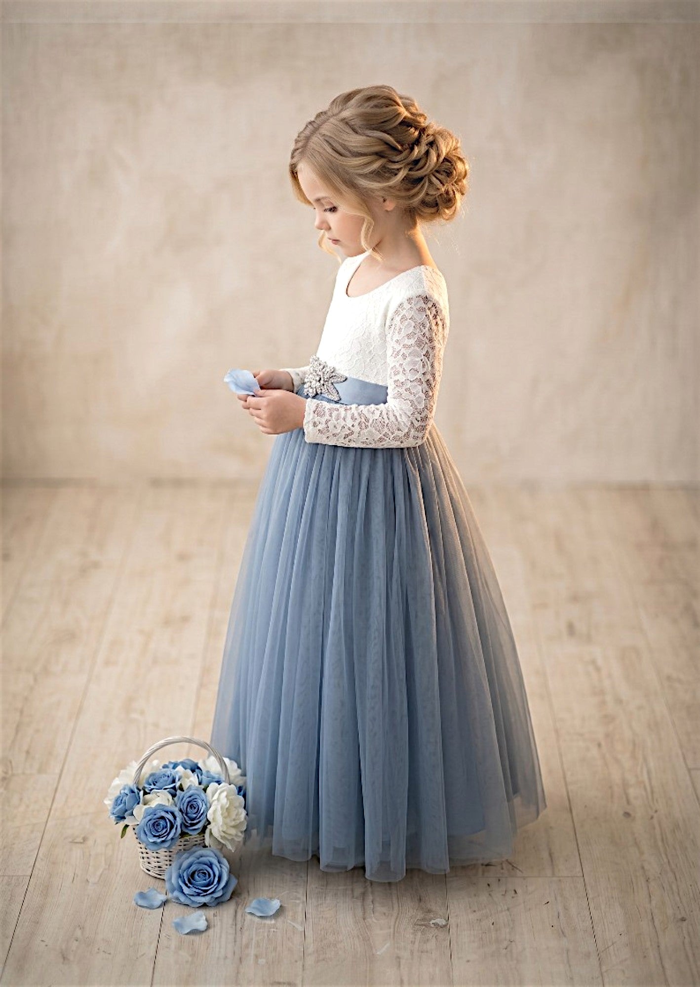 Dusty Blue Tulle Dress with Long Sleeves