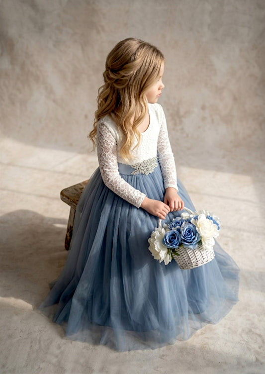 Dusty Blue Tulle Dress with Long Sleeves