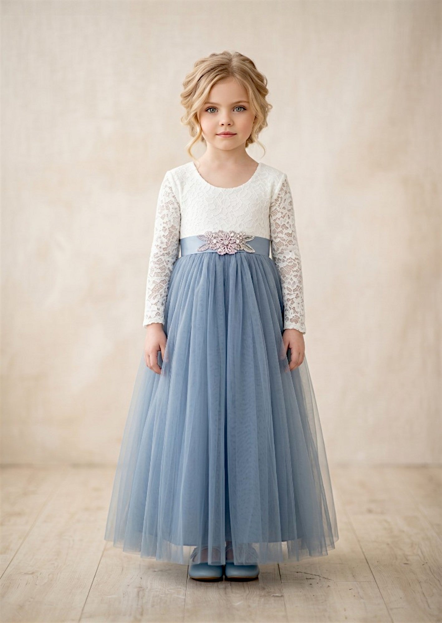 Dusty Blue Tulle Dress with Long Sleeves