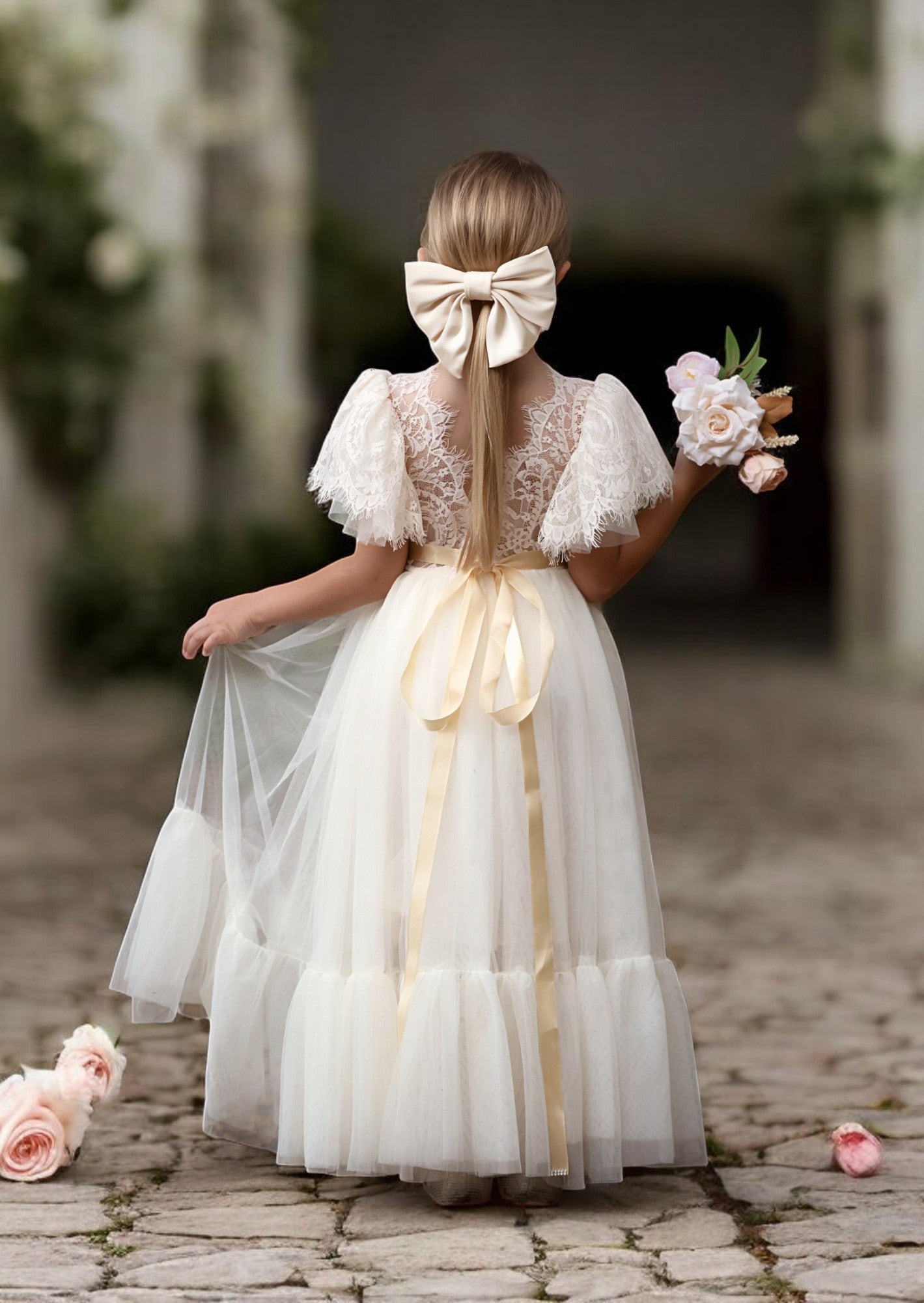 Elegant Ivory Tulle & Lace Flower Girl Dress