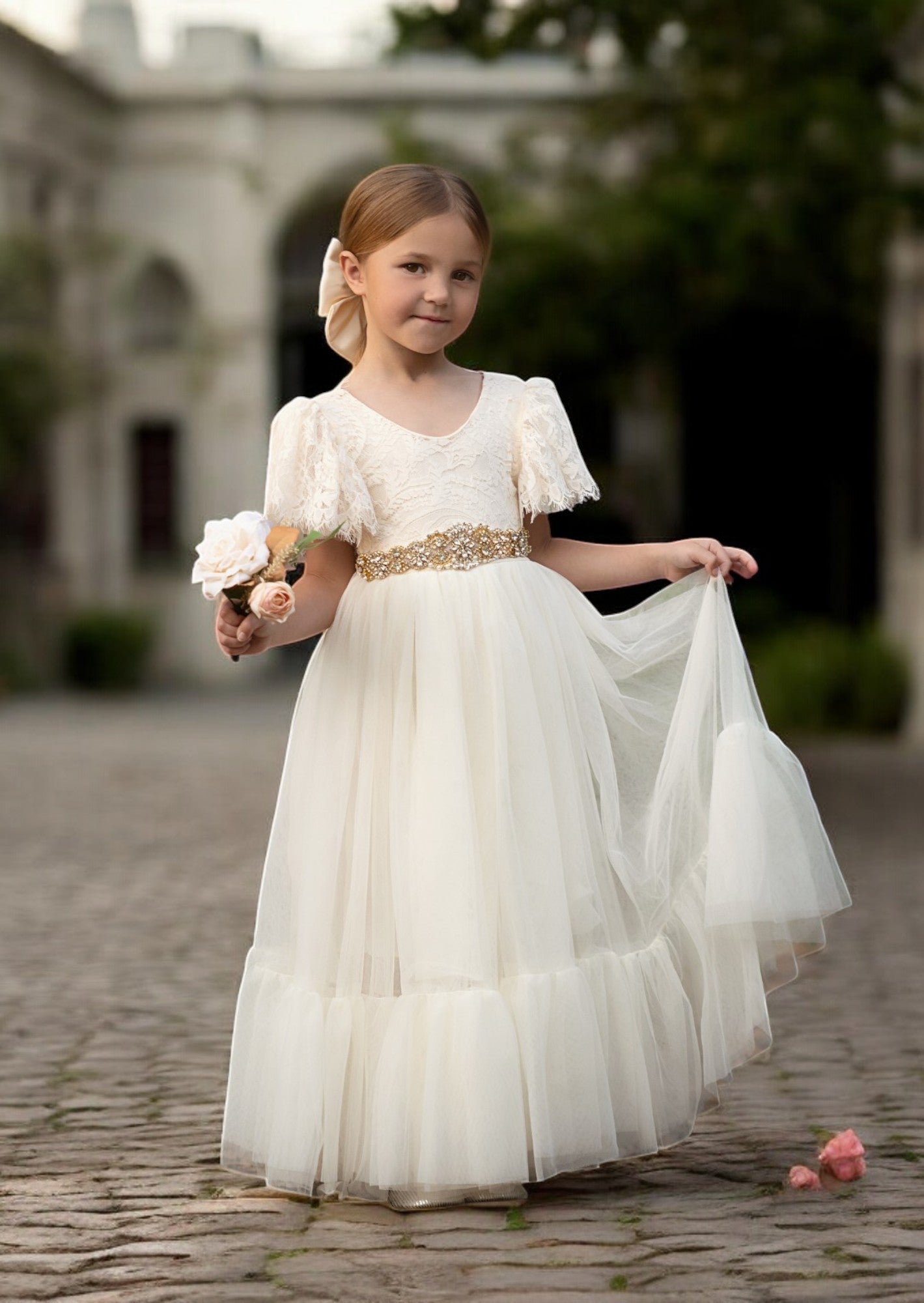 Elegant Ivory Tulle & Lace Flower Girl Dress