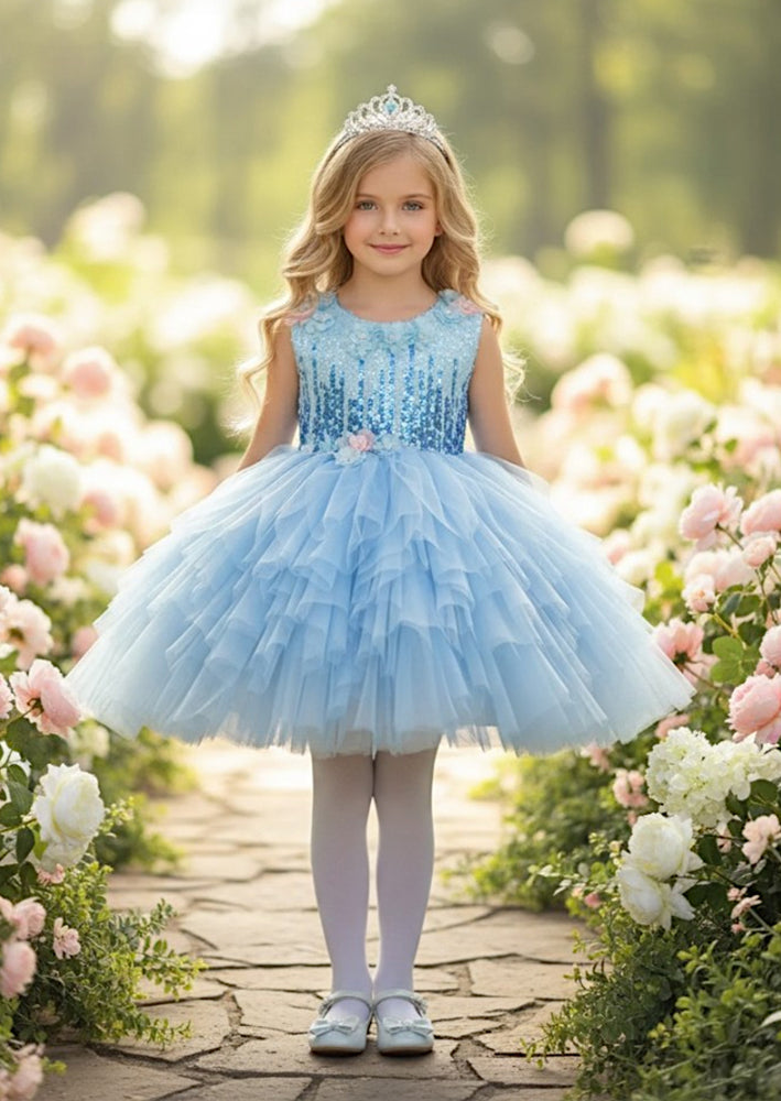 girls Dress Blue with Sequin Bodice & Tulle Skirt