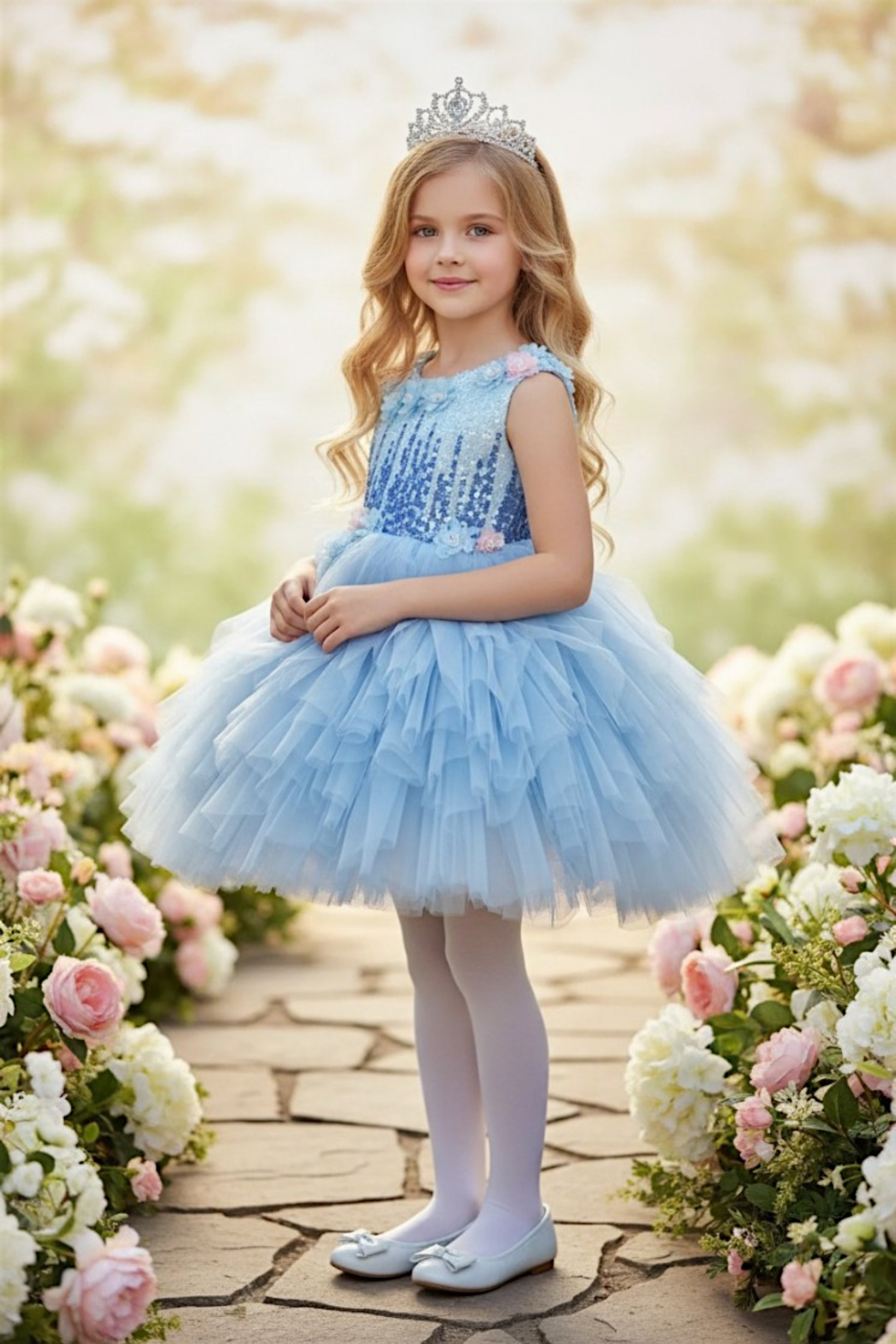 girls Dress Blue with Sequin Bodice & Tulle Skirt