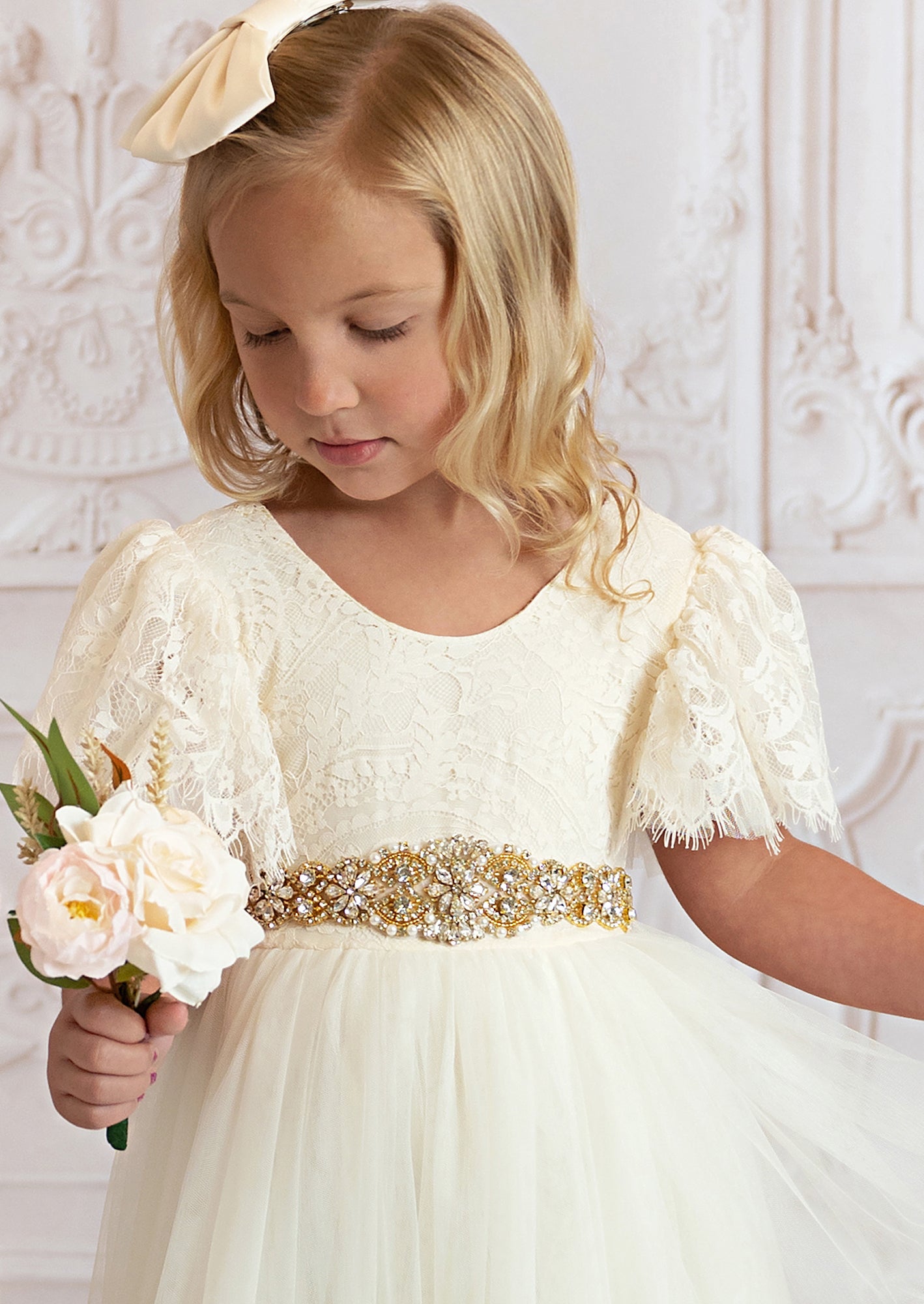Golden Crystal Sash Belt white, Wedding Sash, Flower Girl Sash