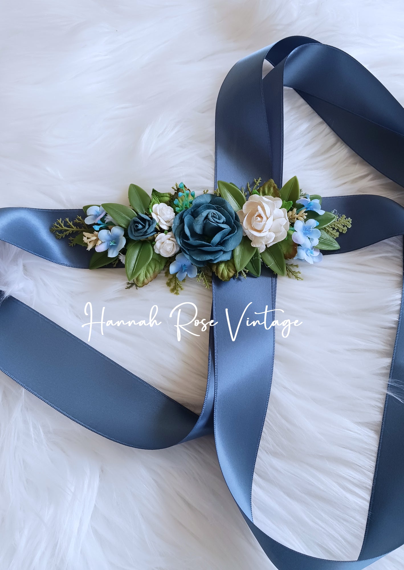 Custom Dusty Blue Flower Sash by Hannah Rose