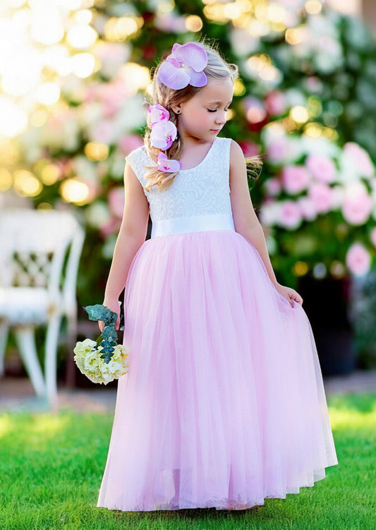 Pink sleeveless flower girl dress with lace bodice and tulle skirt