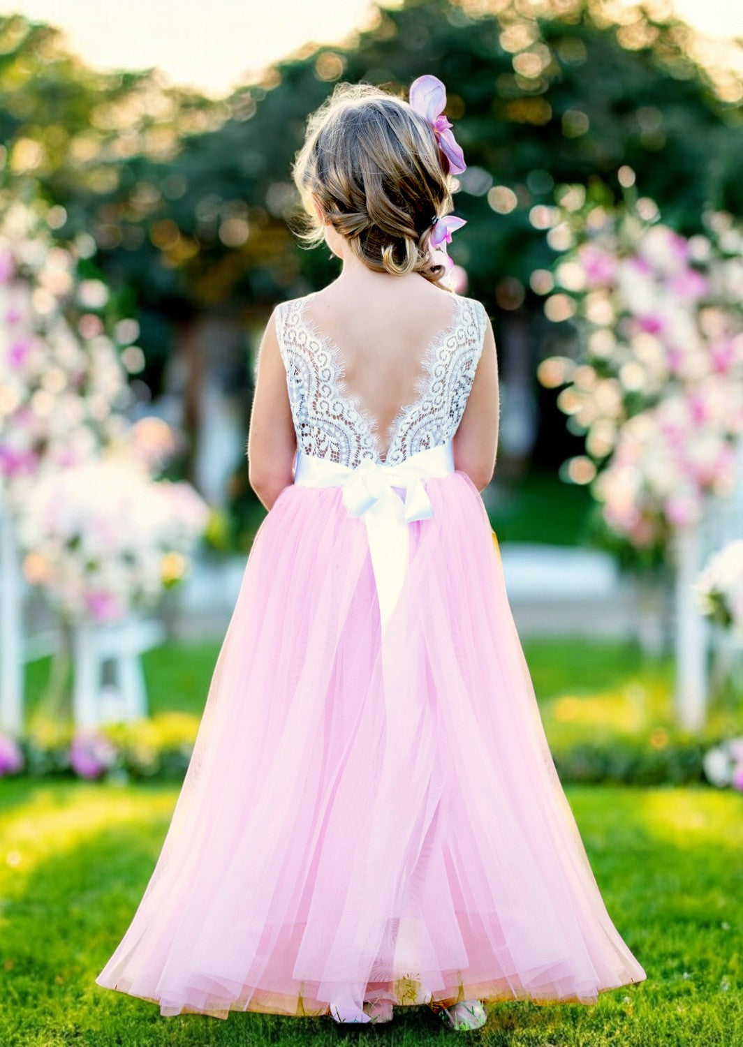 Pink sleeveless flower girl dress with lace bodice and tulle skirt