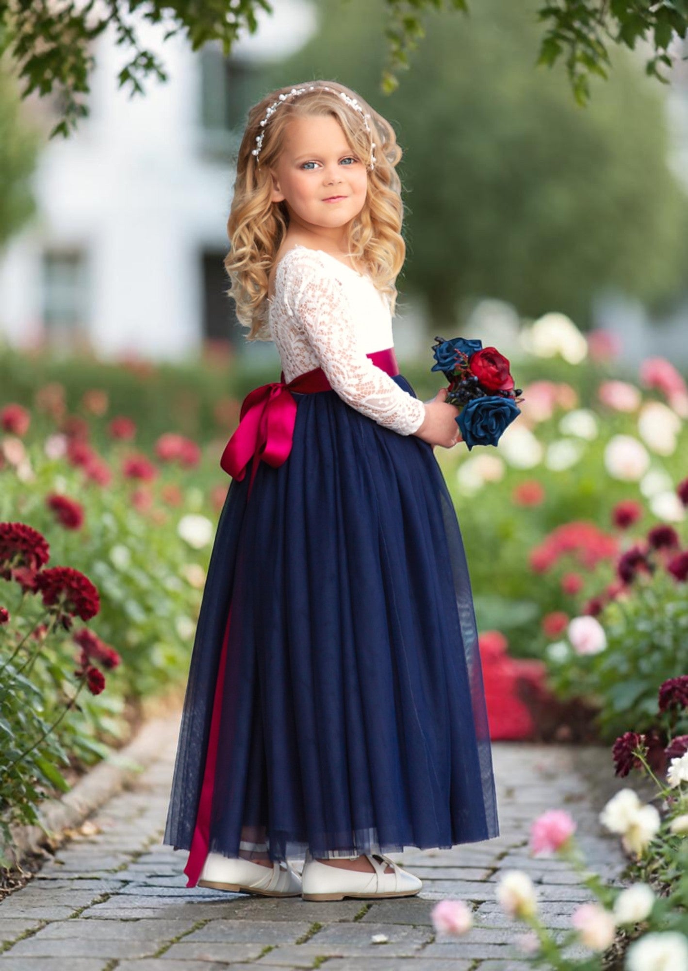 Navy Blue and White Dress With Sleeves