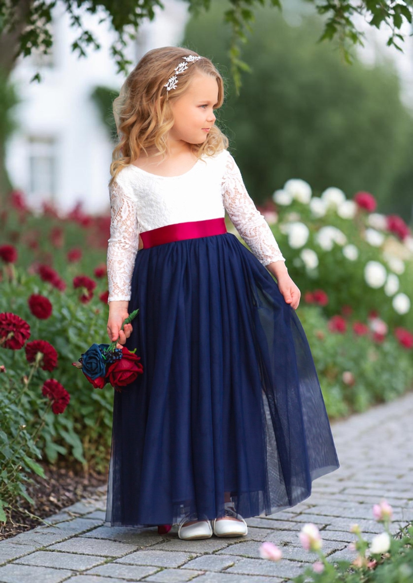 Navy Blue and White Dress With Sleeves