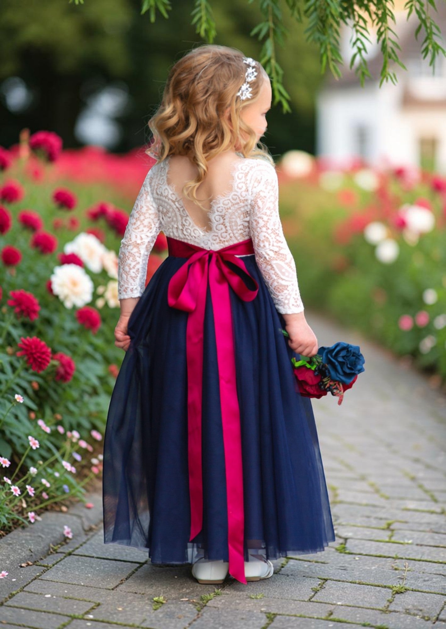 Navy Blue and White Dress With Sleeves