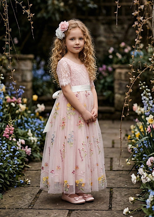 Floral Flower Girl Dress - Pink Short Sleeve