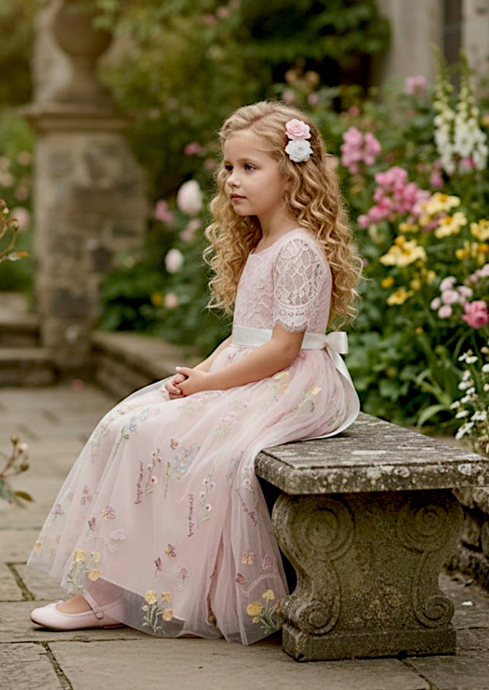 Floral Flower Girl Dress - Pink Short Sleeve
