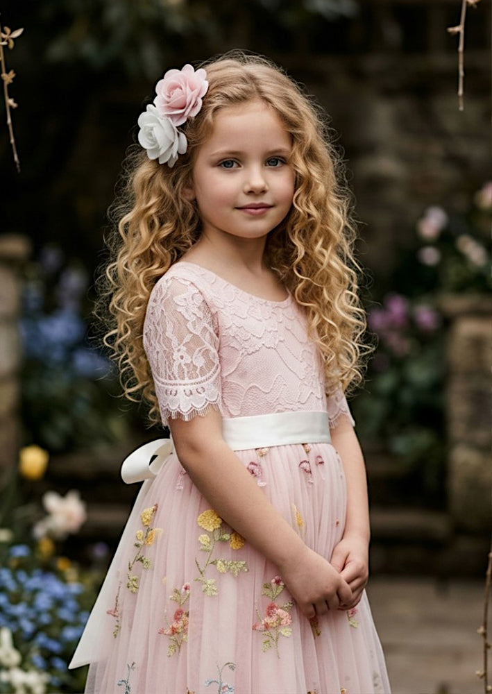 Floral Flower Girl Dress - Pink Short Sleeve