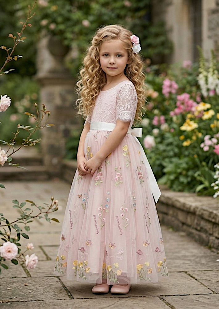 Floral Flower Girl Dress - Pink Short Sleeve