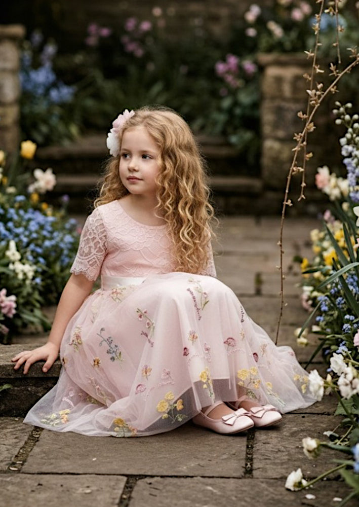 Floral Flower Girl Dress - Pink Short Sleeve