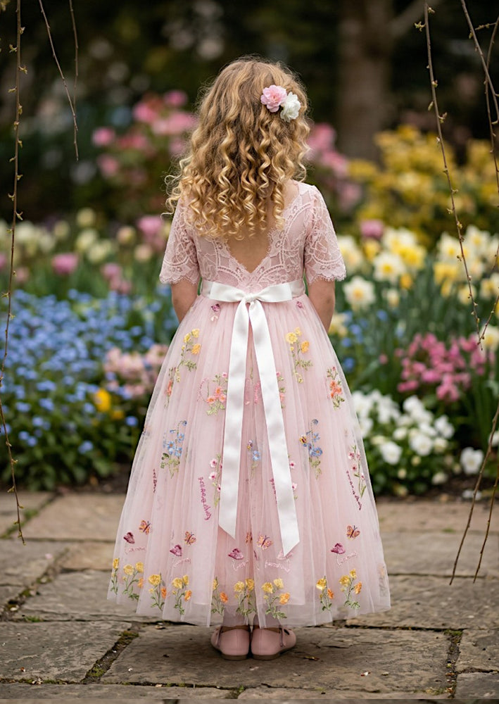 Floral Flower Girl Dress - Pink Short Sleeve