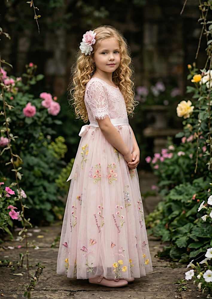 Floral Flower Girl Dress - Pink Short Sleeve
