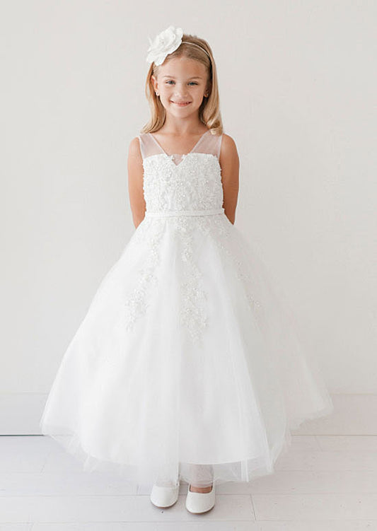 Mya Dress is designed for your daughter's most memorable moments. This stunning gown features a graceful V-neckline bodice adorned with delicate lace, shimmering sequins, and pearl embellishments. 