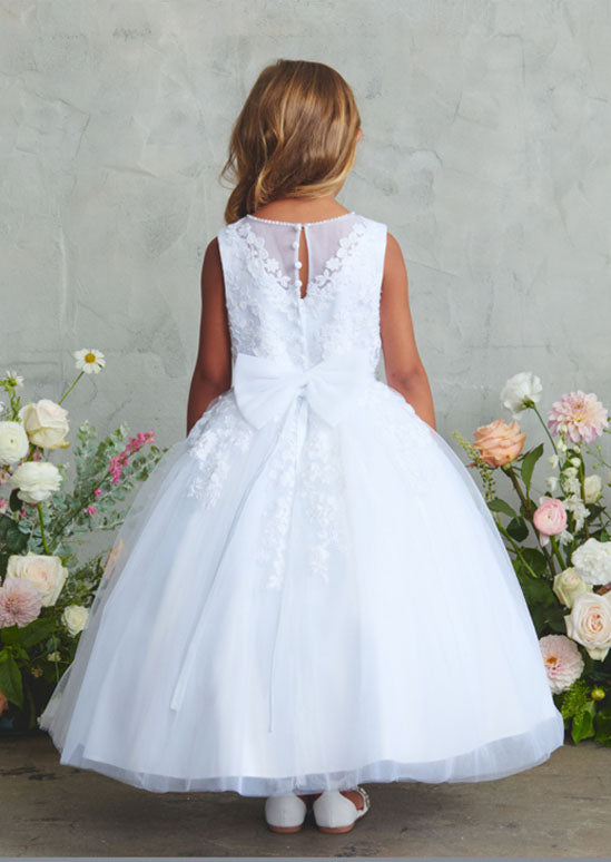 Elegant and enchanting, the Olivia Girls Dress features a shimmering lace bodice adorned with a rhinestone-embellished neckline.