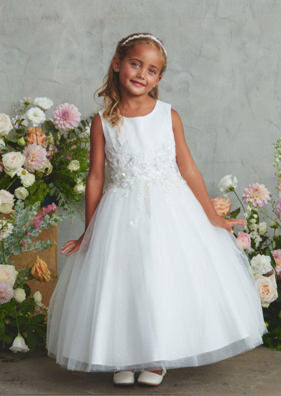 girls ivory special occasion dress with 3D floral appliqués and intricate beading