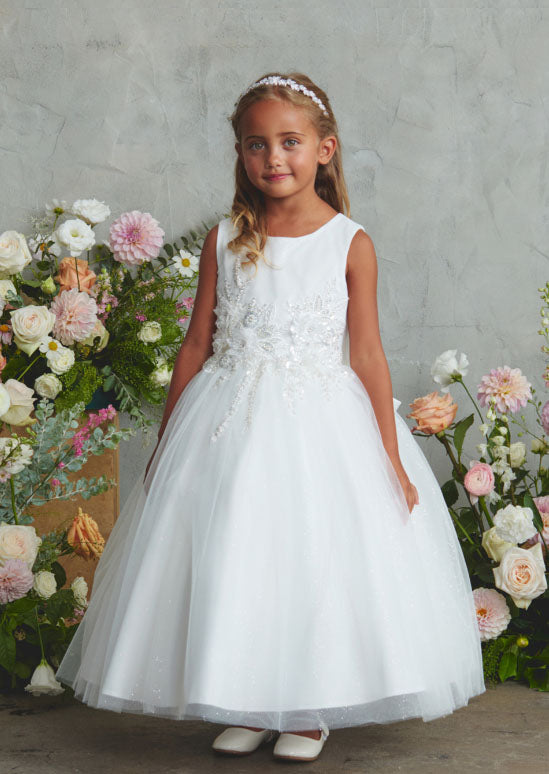 girls ivory special occasion dress with 3D floral appliqués and intricate beading